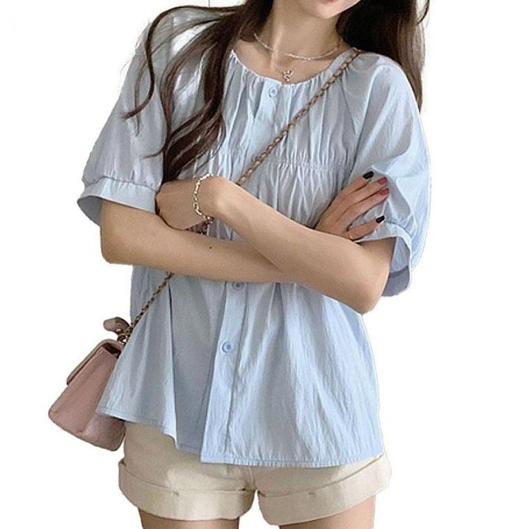 캐주얼블라우스 여성 여름블라우스 시원한룩 여름 셔츠 노카라 루즈핏 셔링 플레어 블라우스 캐주얼