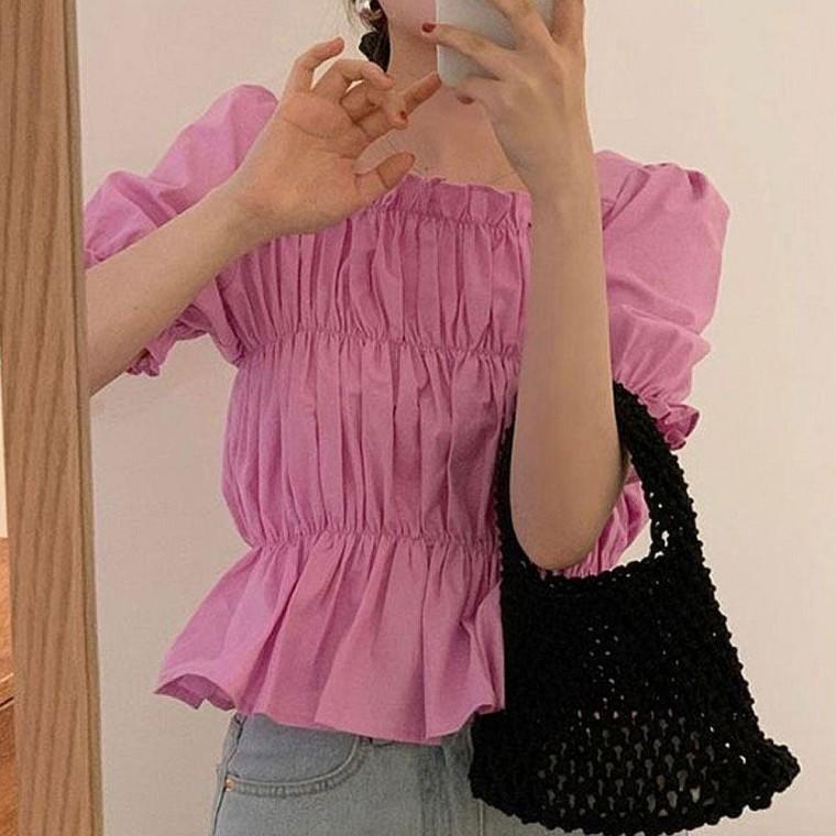 캐주얼블라우스 여름 퍼프 코디 셔링 반팔 러블리 크롭 블라우스 캐주얼 스타일 여성