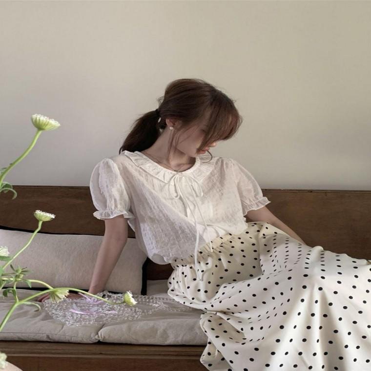 카라블라우스 여성 여리 캐주얼블라우스 핏 봄가을 블라우스 카라 캐주얼 프릴 청순 리본 한 데일리룩