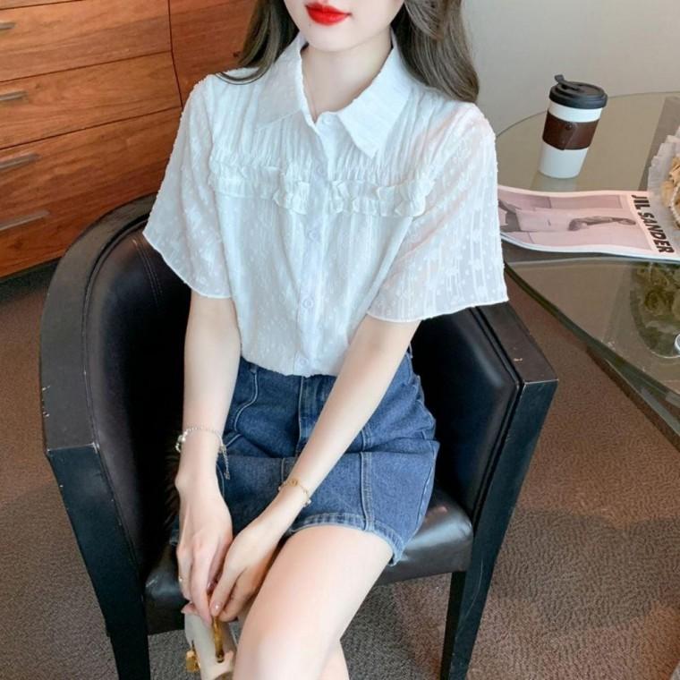 카라블라우스 봄가을 디자인 블라우스 데일리룩 카라 자수 여성 상큼한 프릴 캐주얼블라우스 캐주얼