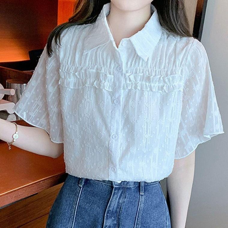 캐주얼블라우스 프릴카라 셔츠 블라우스 화이트 자수 여름 코디 룩 반팔 캐주얼 여성
