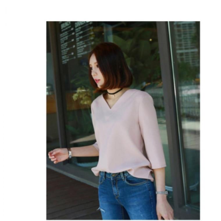 패션 캐주얼티셔츠 캐주얼블라우스 여성블라우스 7부셔츠 V넥 여성