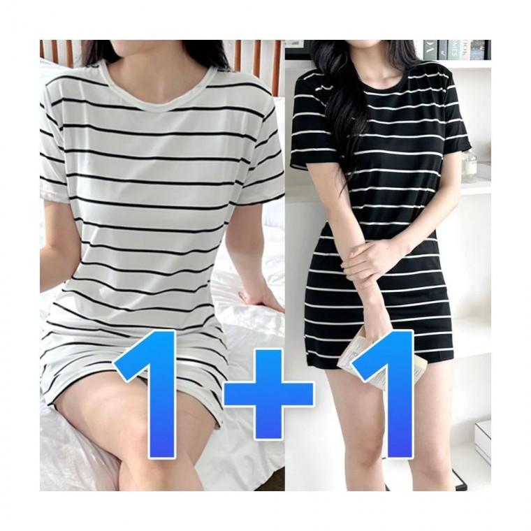 루미나D 캐주얼 1+1 반팔 원피스 스트라이프 미니 스커트