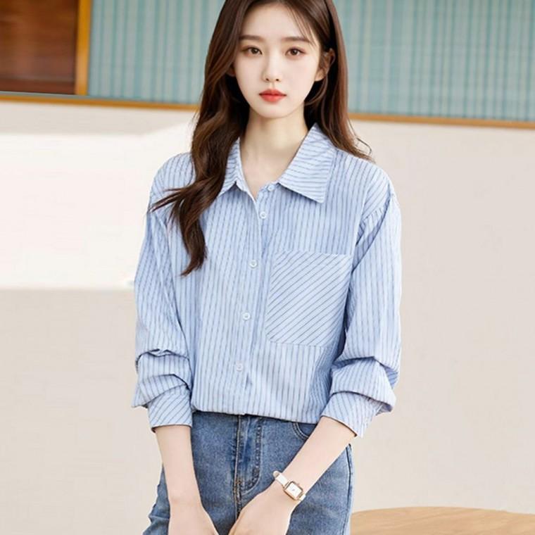 여자스트라이프블라우스 여성셔츠 하늘색블라우스 캐주얼셔츠 긴소매블라우스 봄셔츠 캐주얼블라우스