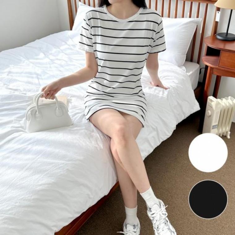 캐주얼 반팔 원피스 줄무늬 일자핏 여름 스판 스커트