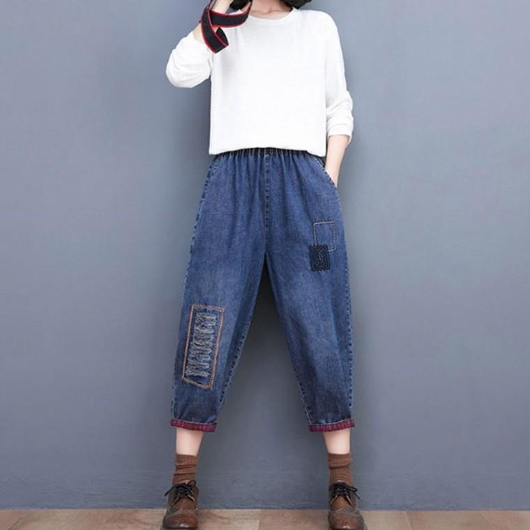 포인트 자수 워싱 청바지 여성 데님 팬츠 데일리룩 캐주얼