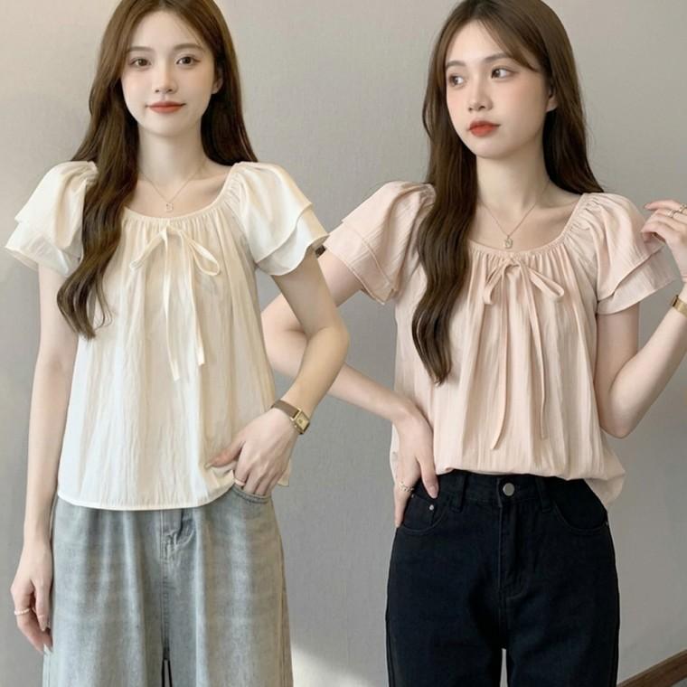여성 블라우스 반팔 리본 넥라인 밴딩 듀얼소매 캐주얼
