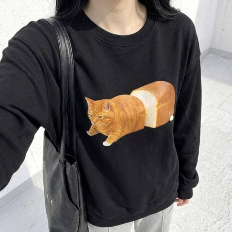 티셔츠 긴팔 데일리 캐주얼 맨투맨 고양이 캐릭터 여성 오버핏