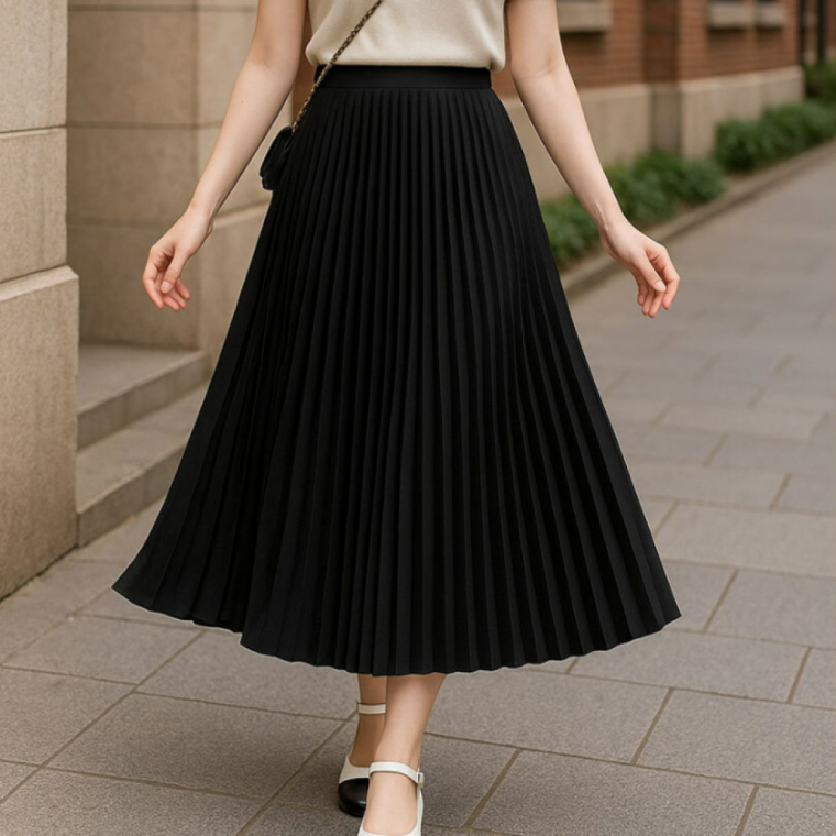 여성용 밴딩 주름 새틴 롱 스커트 A라인 긴치마 캐주얼 데일리룩