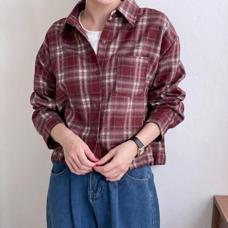 여성 체크 카라 밑단주름 숏남방 셔츠 데일리 캐주얼 크롭셔츠