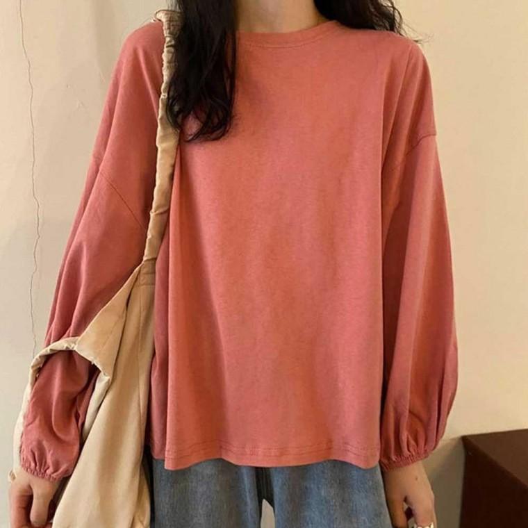 여자 주말 외출 캐주얼 무지 라운드 넥 긴팔 티셔츠