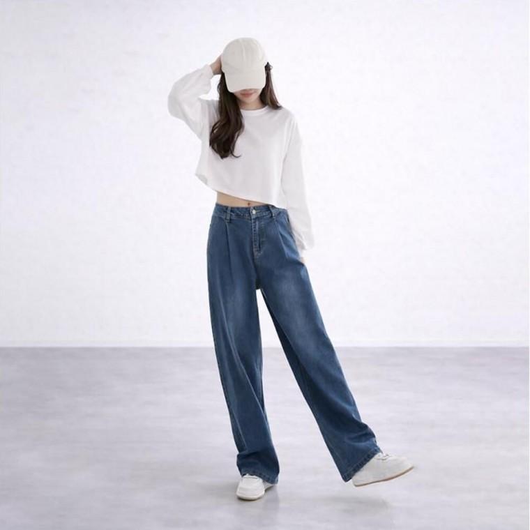 앞부분 주름포인트 캐주얼 데일리 여성 청바지 통데님
