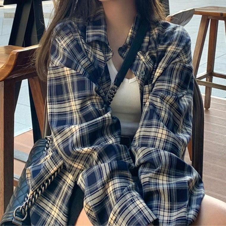 가을 신상 캐주얼 엘라 체크 셔츠 여성 오버핏 루즈핏 0409