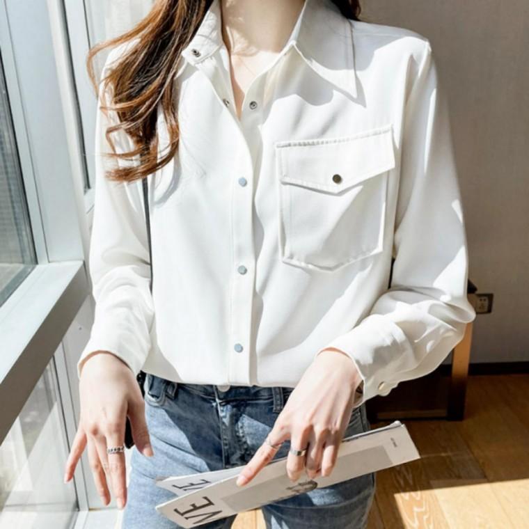 여성블라우스 남방 상의 여성 셔츠 봄가을 스타일 카라 기본데일리룩 주머니 블라우스 캐주얼 데일리