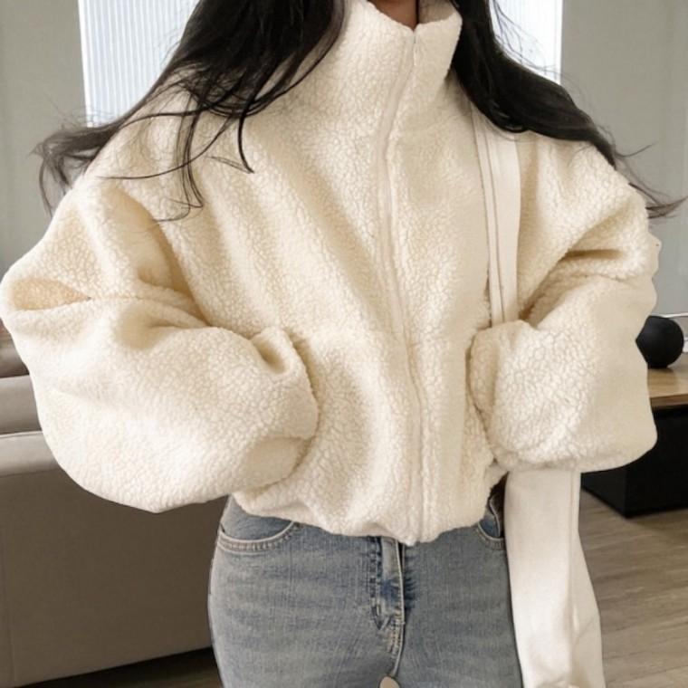 크롭 뽀글이 후리스 집업 캐주얼룩 포인트 아우터부드러운 안감