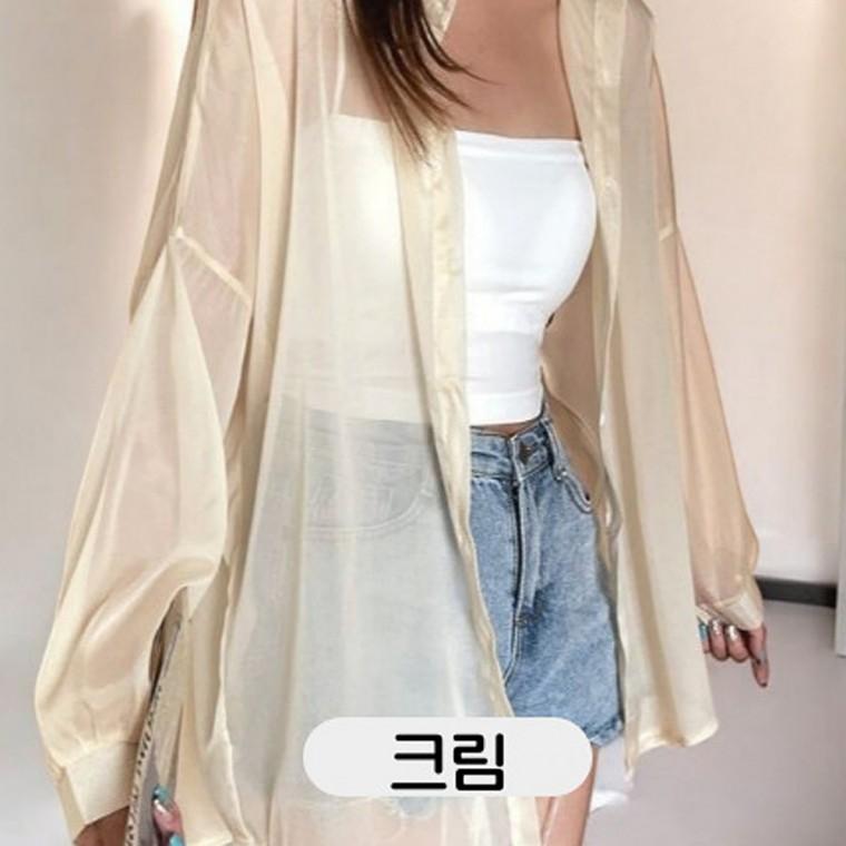 베리노블 시스루 루즈핏 크림색 긴팔 셔츠 여름 디자인 캐주얼셔츠