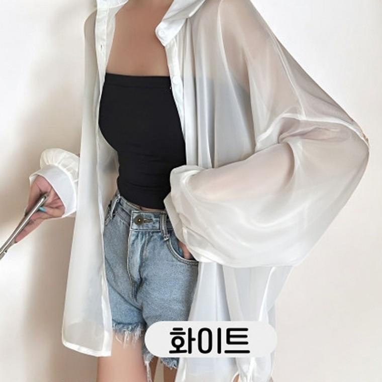 베리노블 시스루 루즈핏 화이트색 긴팔 셔츠 여름 디자인 캐주얼셔츠