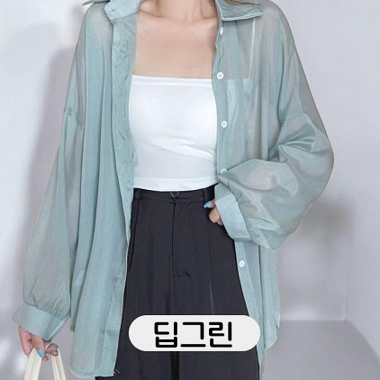 베리노블 시스루 루즈핏 딥그린색 긴팔 셔츠 여름 디자인 캐주얼셔츠