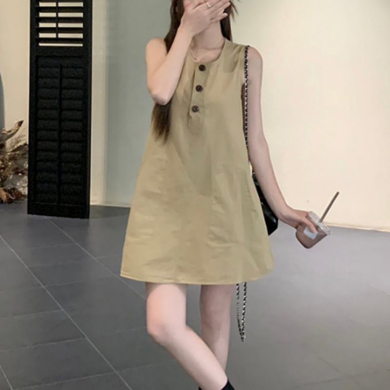 여성 캐주얼 민소매 미니 라운드 버튼 원피스 나시 데일리 슬림핏 원피스