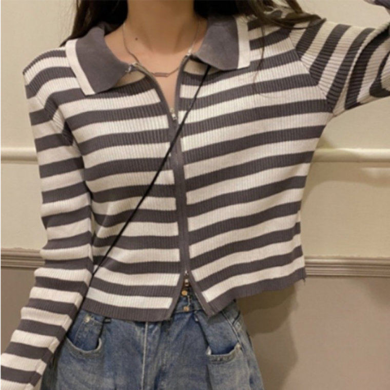 여성 스트라이프 집업 니트 카라티 데일리 캐주얼 스판 긴팔티
