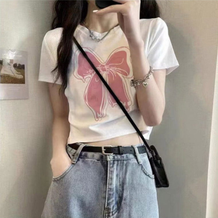 여성 리본 크롭 반팔 티셔츠 2color 여름 데일리 캐주얼 숏 반팔티