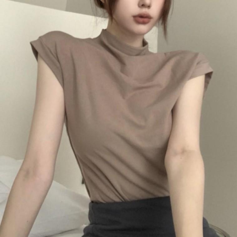 여성 캡소매 크롭 반팔 티셔츠 반목티 반폴라 하프 터틀넥 캐주얼