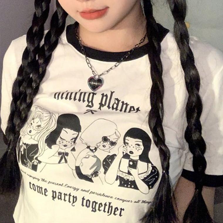 여성 배색 프린팅 크롭 반팔티 여름 캐주얼 티셔츠