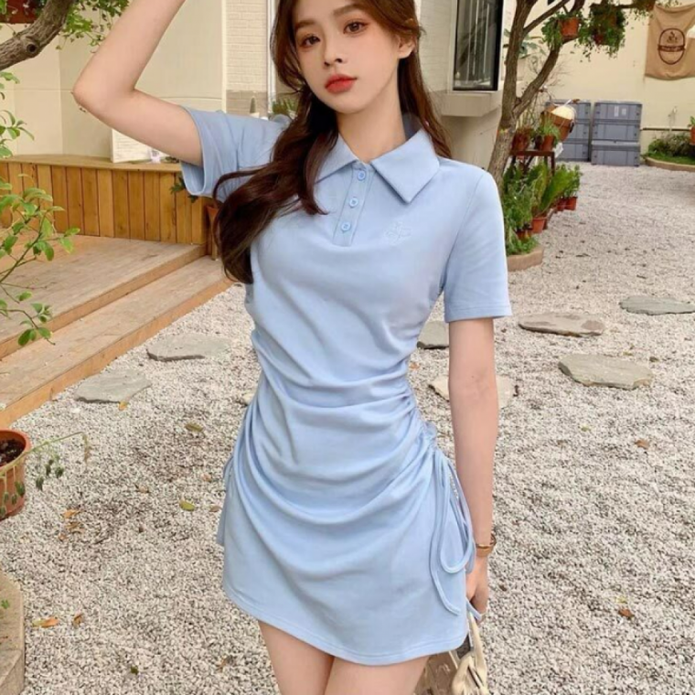 여성 반팔 미니 원피스 카라 셔링 슬림핏 캐주얼 스타일