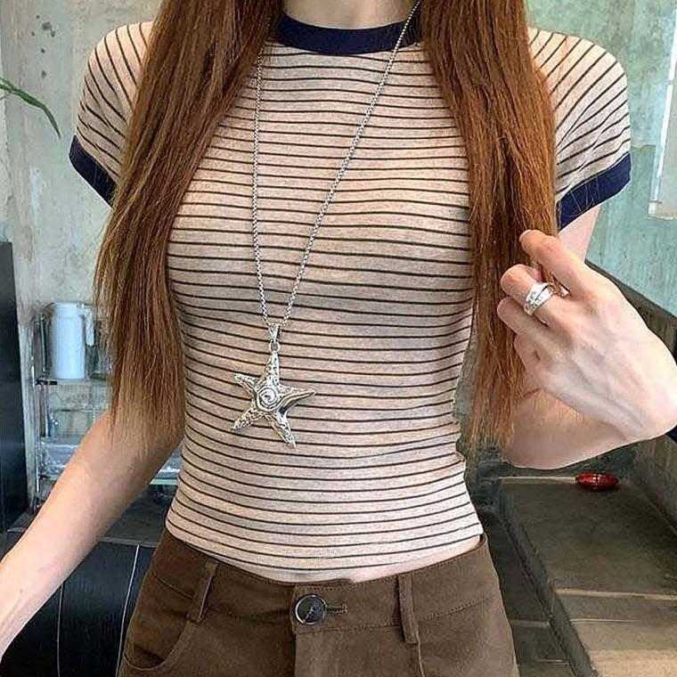 여름 크롭 스트라이프 반팔 캐주얼 티셔츠