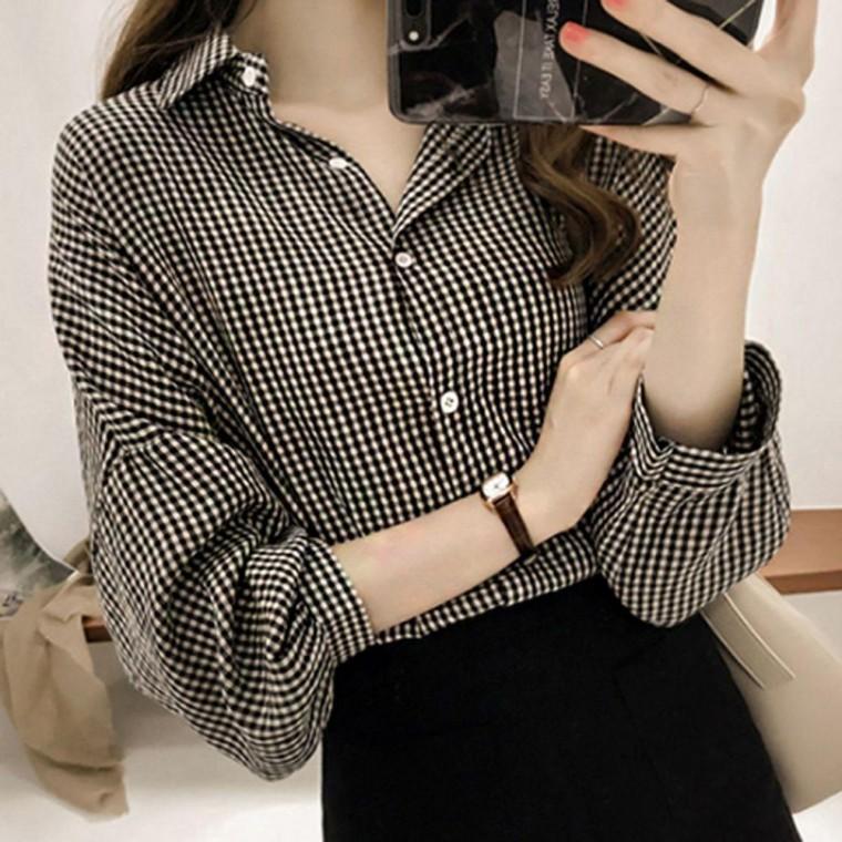 여성 외출 캐주얼 데일리 셔츠 잔 체크 패턴 남방 티셔츠 여름 맨투맨 반팔티 박스티