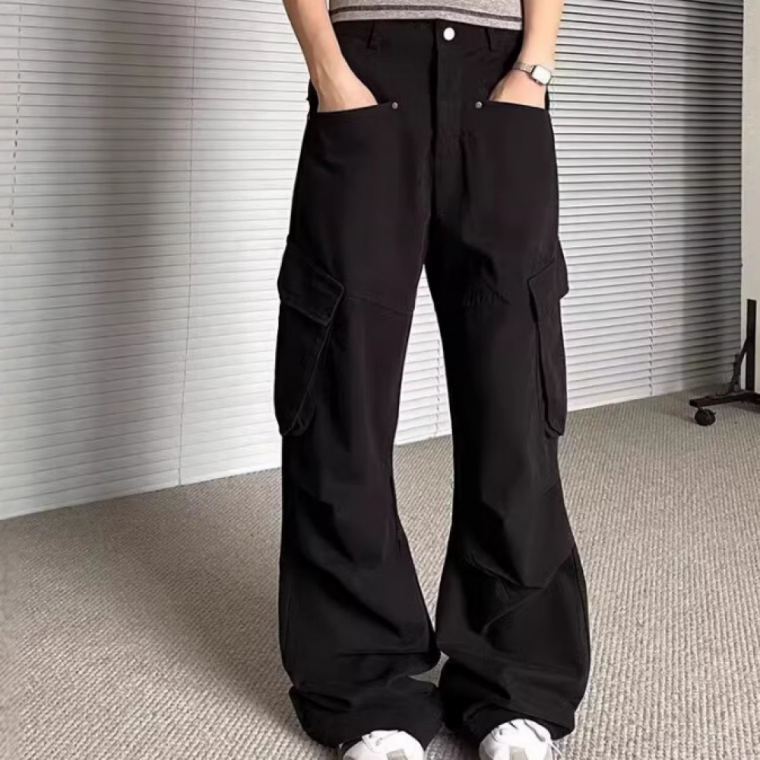 여성용 볼칸 카고 와이드 바지 앞일자 포켓 캐주얼 팬츠 통바지