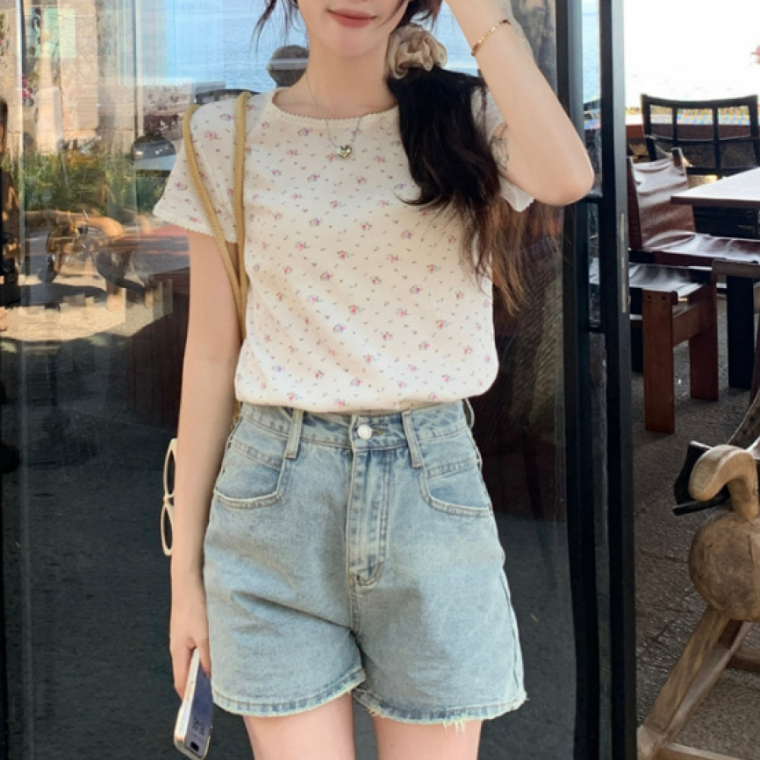 플라워 프릴 반팔 니트 여성 캐주얼 데일리 스타일