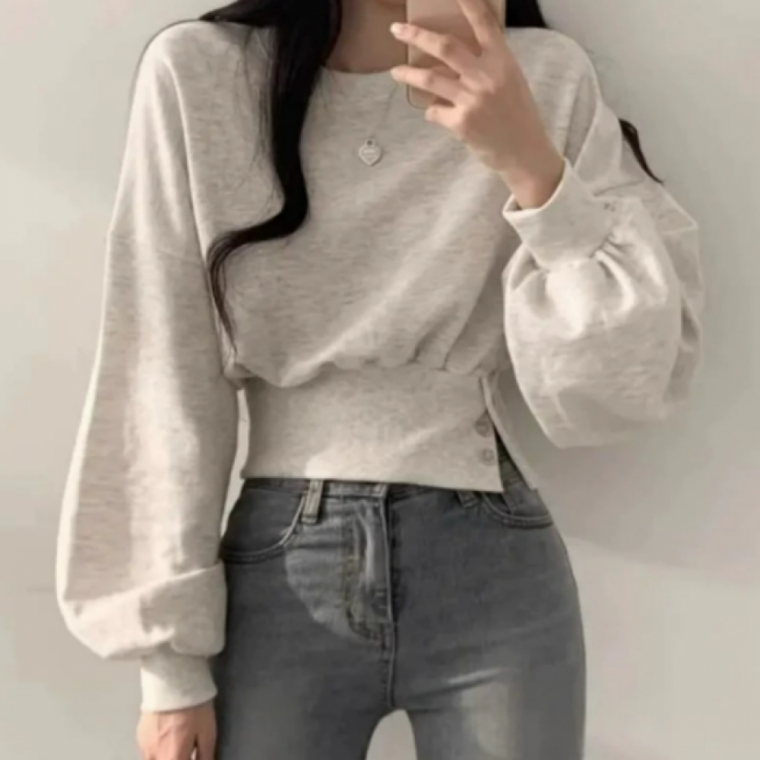 심플 버튼 허리핏 크롭 긴팔 맨투맨 티셔츠 슬림핏 캐주얼 여성 상의티