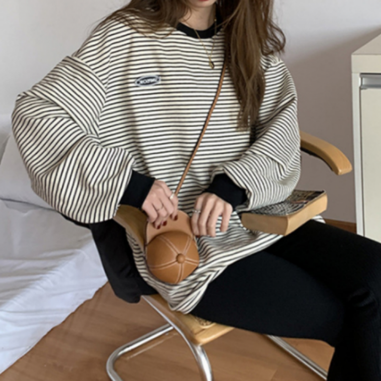 여성 스트라이프 패치 티셔츠 캐주얼 데일리 라운드넥 긴팔 티셔츠
