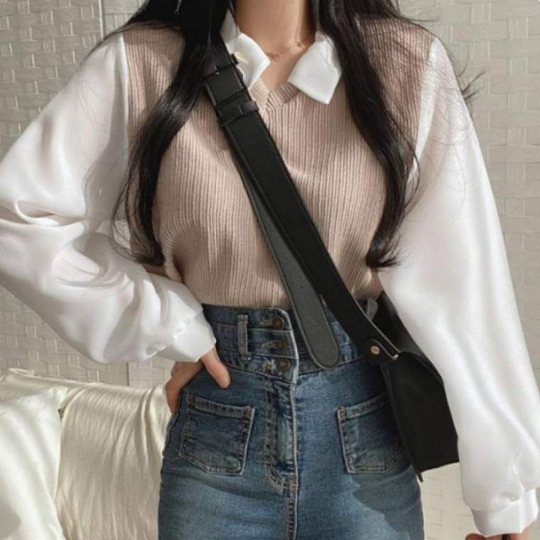 페이크카라 배색 니트 블라우스 여성 캐주얼 정장 데일리 심플 스타일