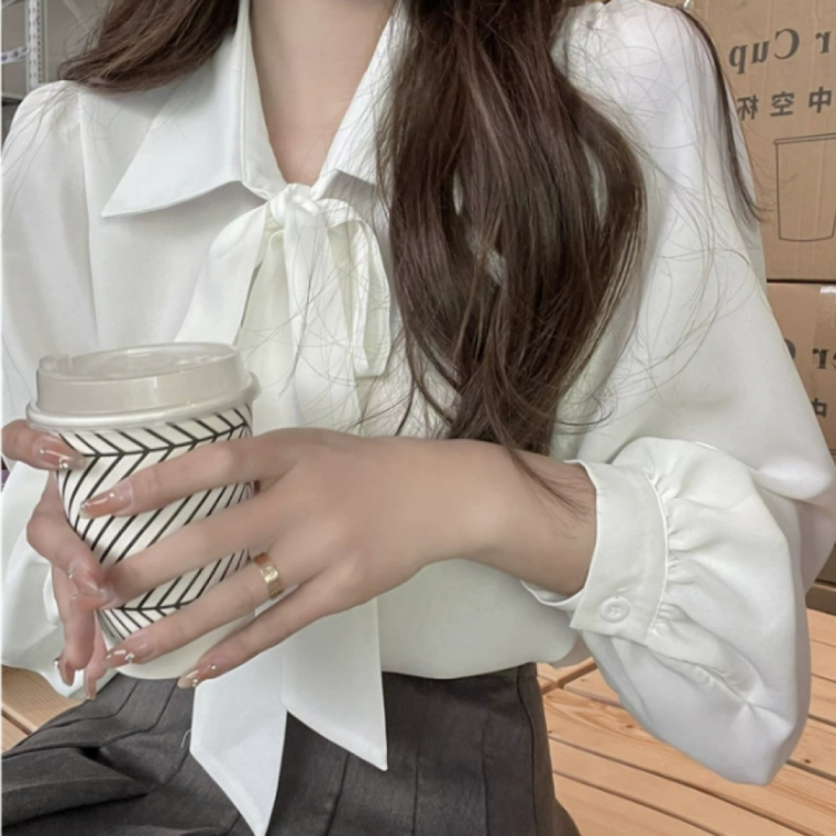 여성 리본 타이 블라우스 스카프 스타일 데일리 오피스룩 캐주얼