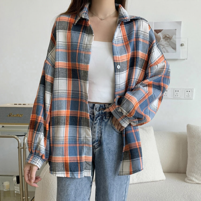복고풍 체크패턴 여성 오버핏 남방 셔츠 레트로 무드 긴팔 캐주얼 아우터
