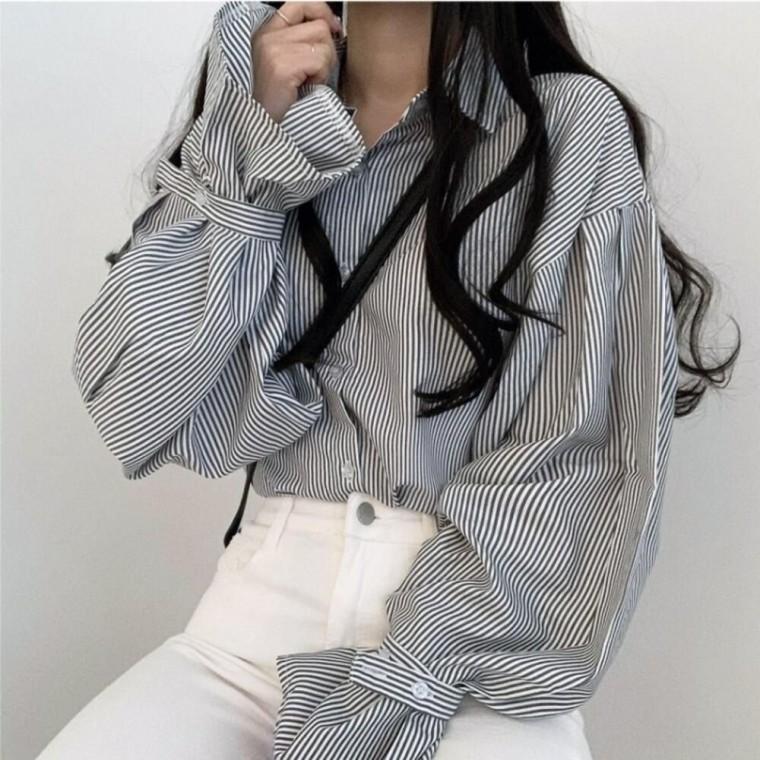 여성 캐주얼 루즈핏 스트라이프 디테일 긴팔 블라우스