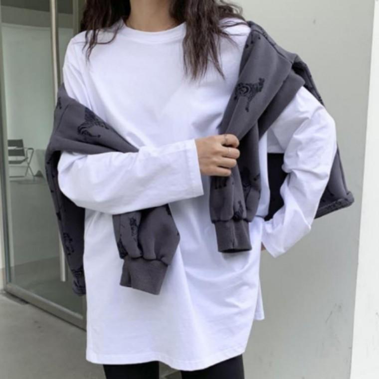여성 데일리 캐주얼 베이직 무지 절개 긴팔 롱슬리브