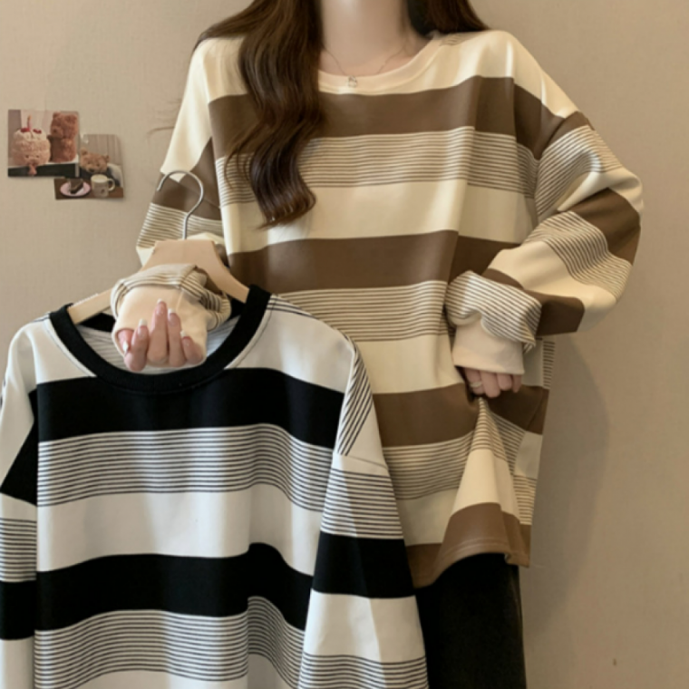 루즈핏 단가라 맨투맨 캐주얼 스트라이프 패턴 데일리 여성용 상의