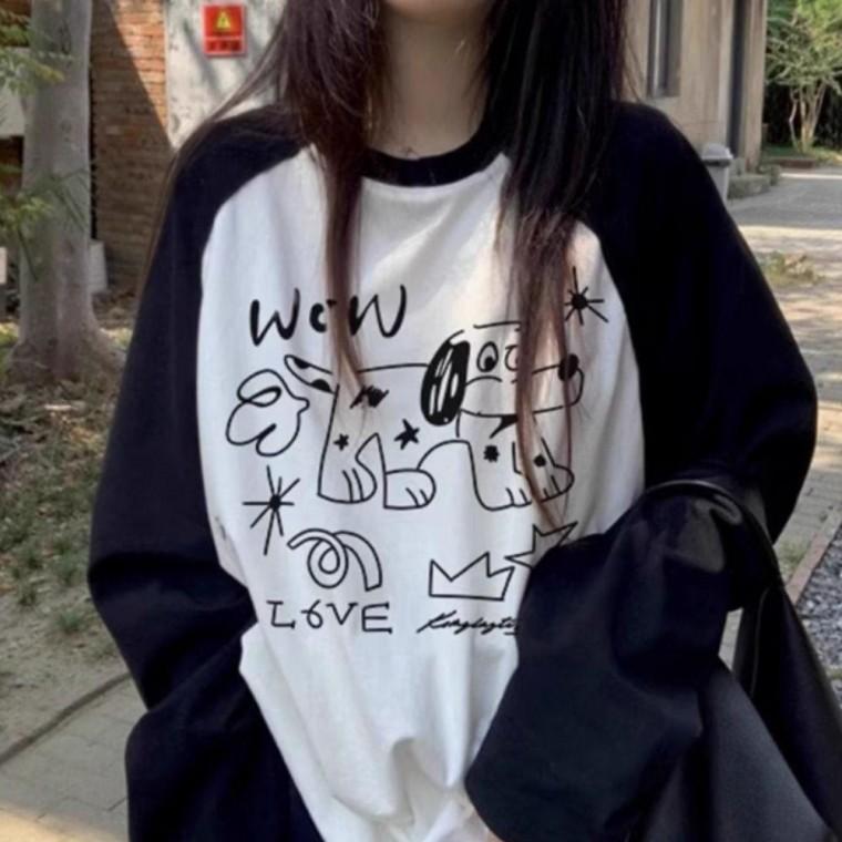 강아지 프린트 긴팔 티셔츠 캐주얼룩 여성의류