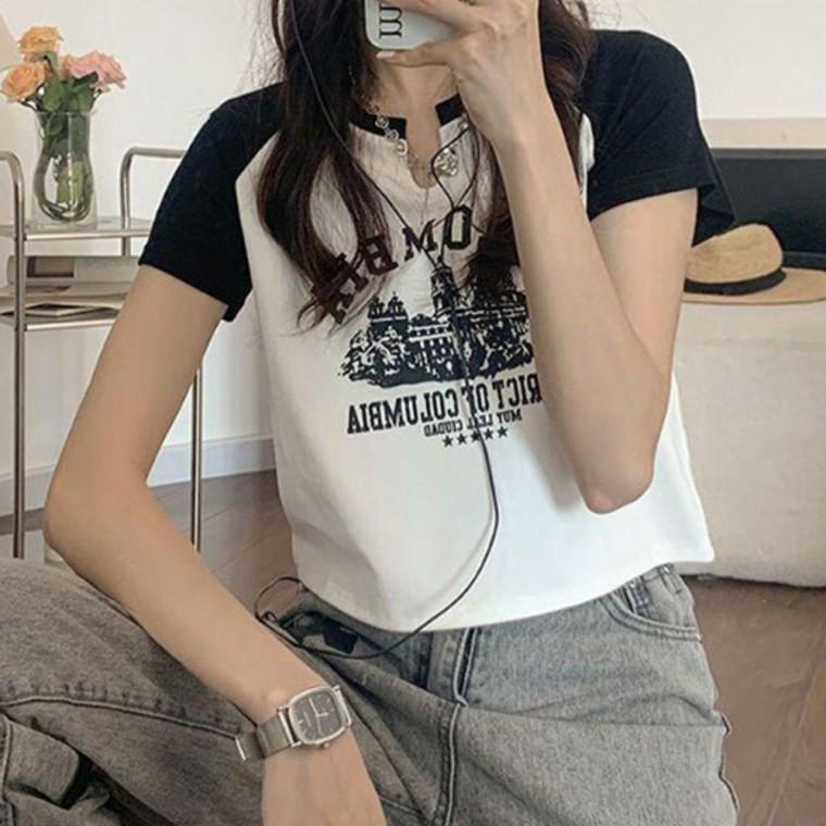프린팅 여자 크롭 반팔티 1P 루즈핏 캐주얼 티셔츠