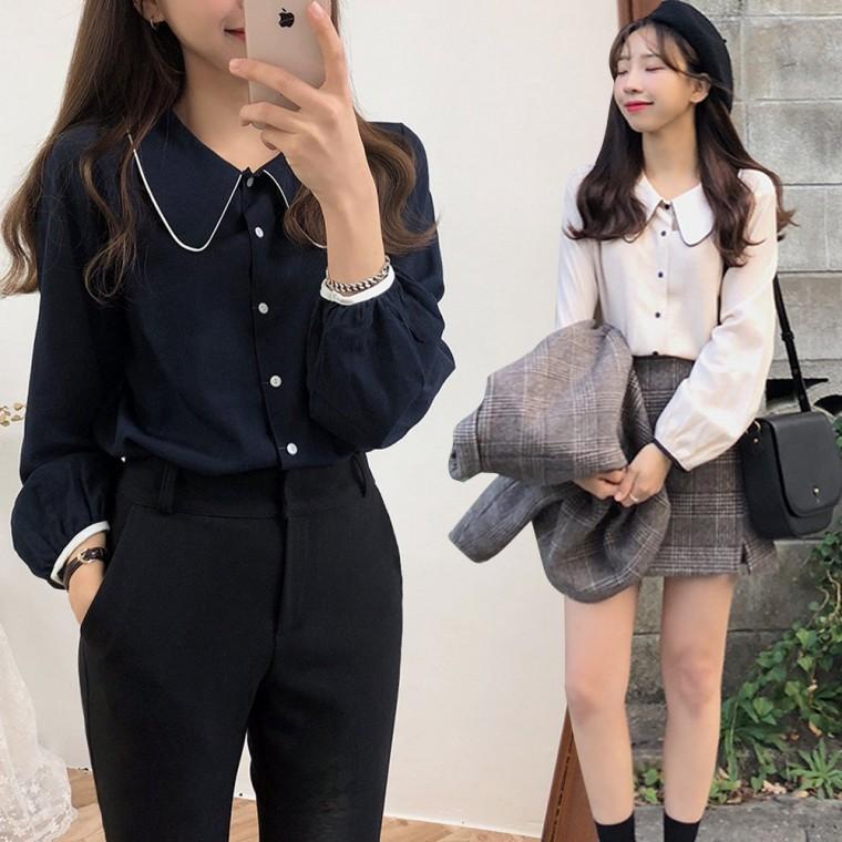 여성 캐주얼룩 소매 카라 배색 포인트 기본블라우스