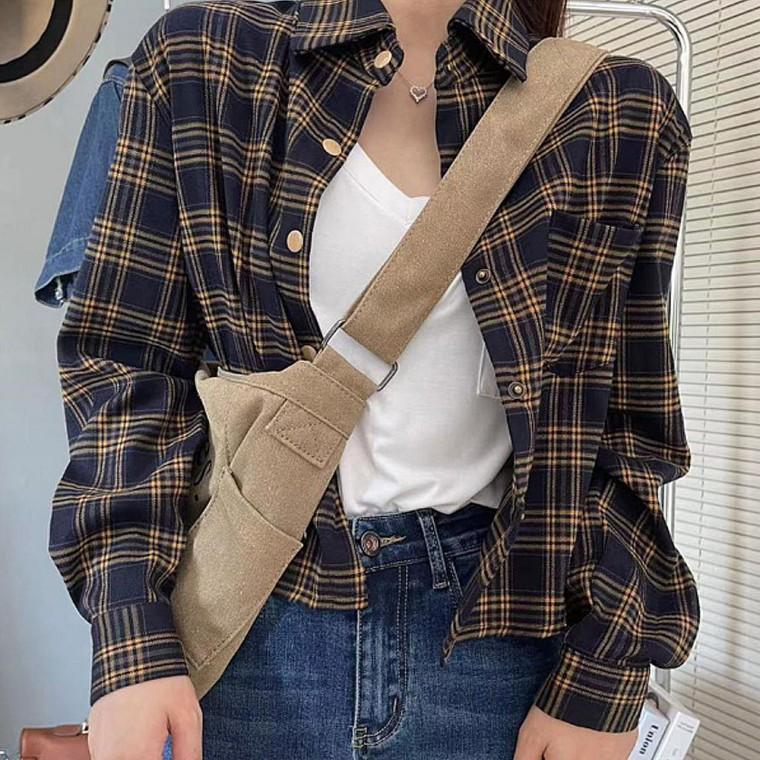 여성 빈티지 체크 루즈핏 크롭 캐주얼 셔츠
