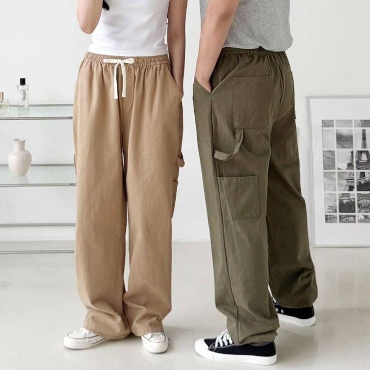 허리밴딩 와이드 바지 남녀공용 스트링 디테일 스트릿룩 캐주얼 팬츠