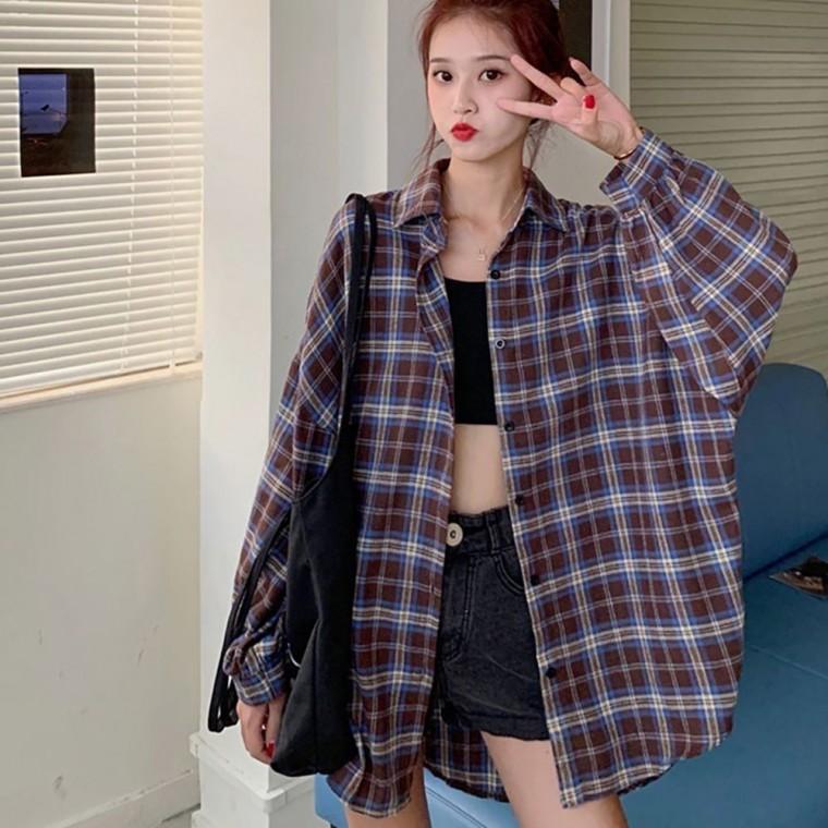 여자 캐주얼 패션 박시핏 체크 패턴 드롭 숄더 셔츠 20대 30대 대학생 여성남방 여성셔츠
