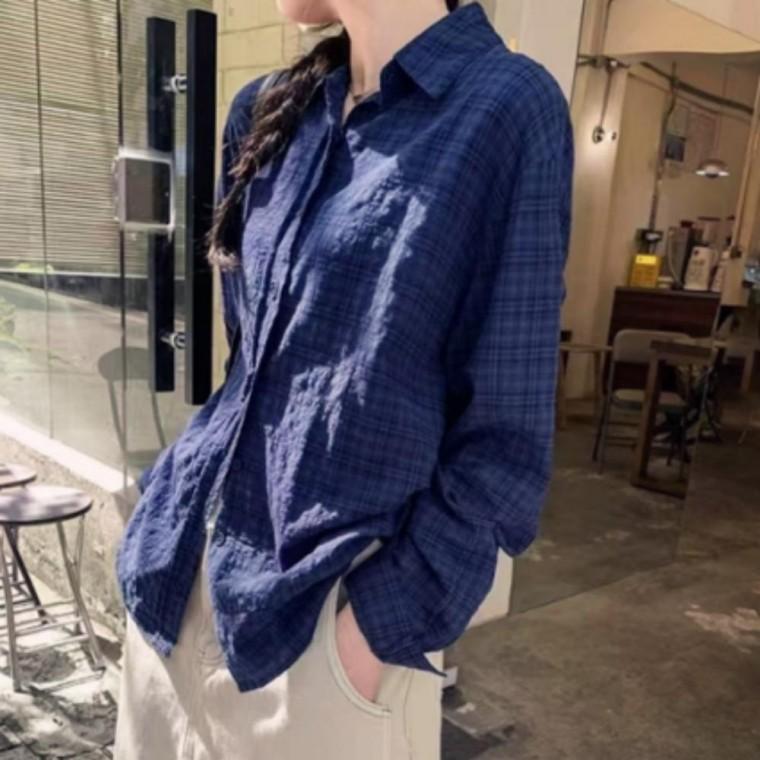 여성 캐주얼 러블리 슬림핏 네이비 체크 루즈핏 셔츠