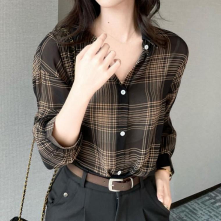 여성 캐주얼 클래식 셔츠 블라우스 데일리 체크 남방