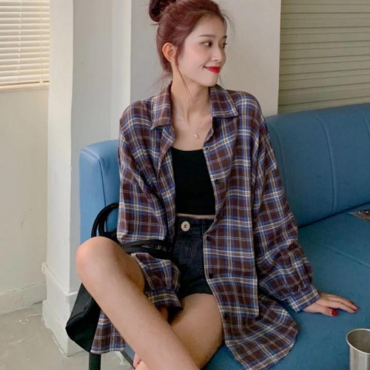 여자 캐주얼 패션 박시핏 드롭 체크 숄더 남방 셔츠