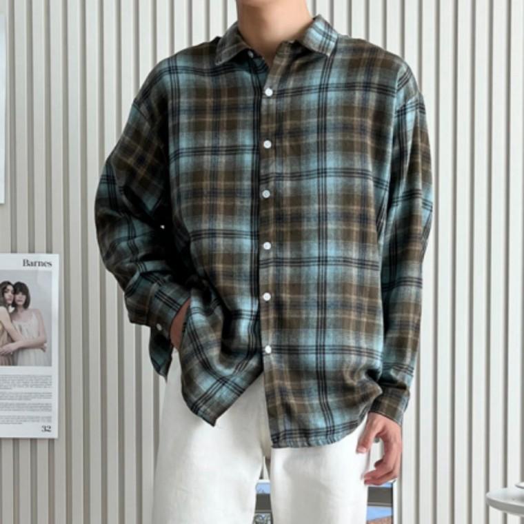 남방 체크 오버핏 긴팔 남성 가을 카라 캐주얼
